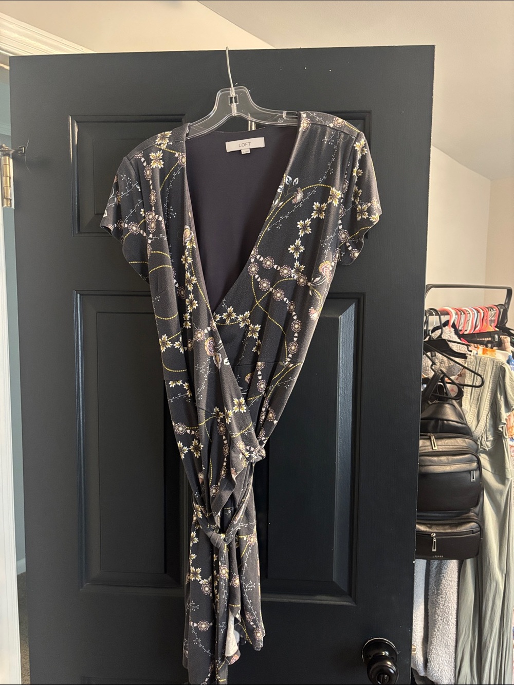 LOFT Gray Floral Wrap Dress with Yellow and Cream Accents